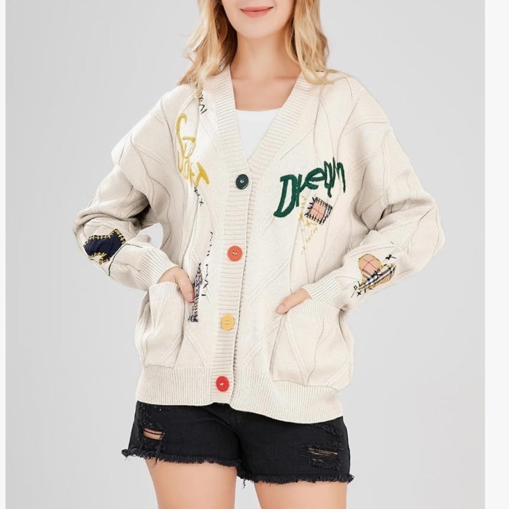 White Graphic Cardigan Sweater Sport Dream Patchwork Women Small Casual Cozy